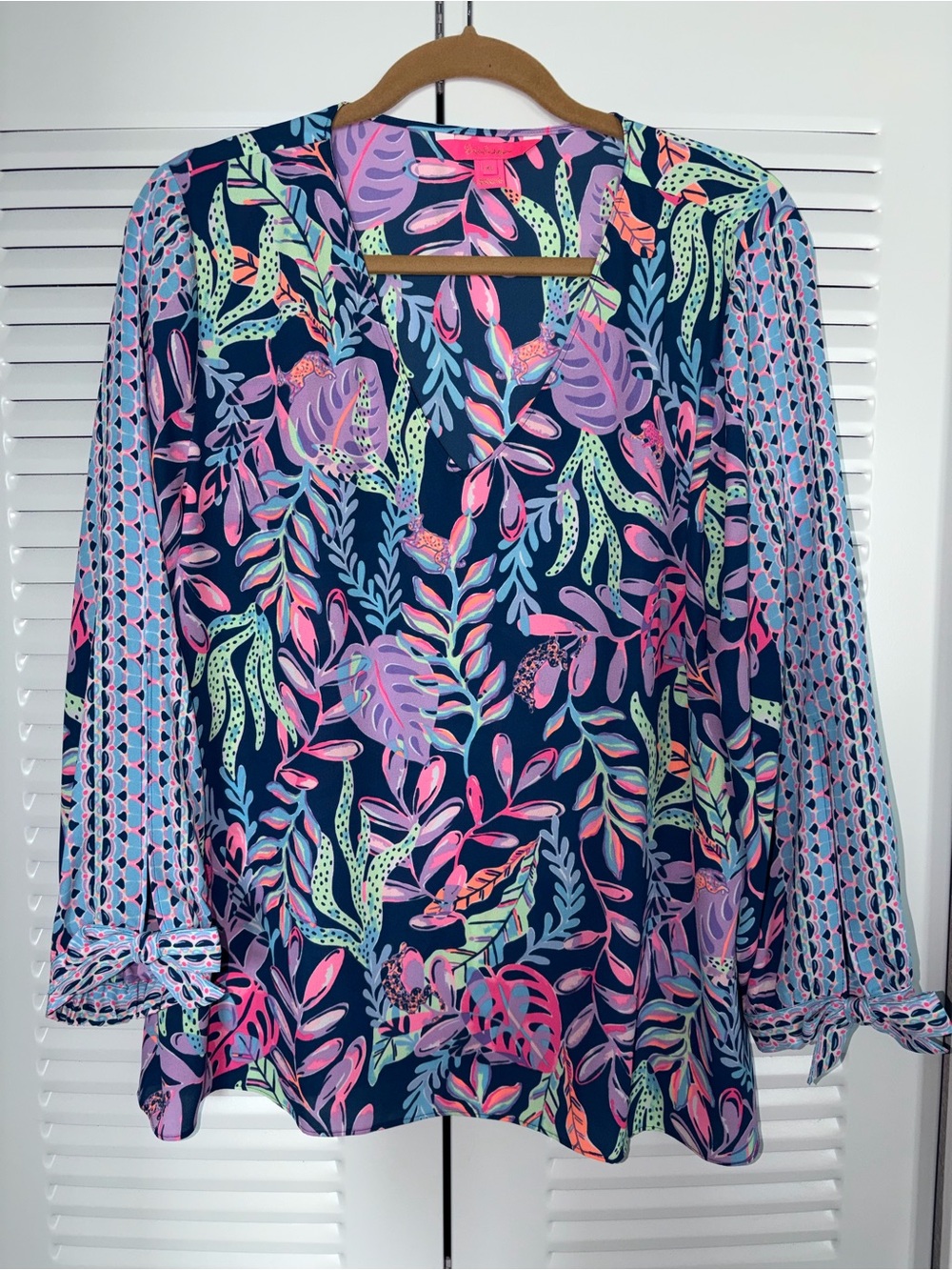 Lilly Pulitzer Navy Tropical Leaf Print Blouse with Sheer Sleeves